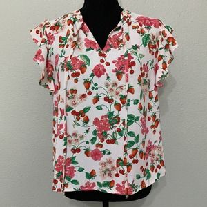 Ann Taylor Petite Top XSP Floral Ruffle Sleeve Tie Neck Blouse